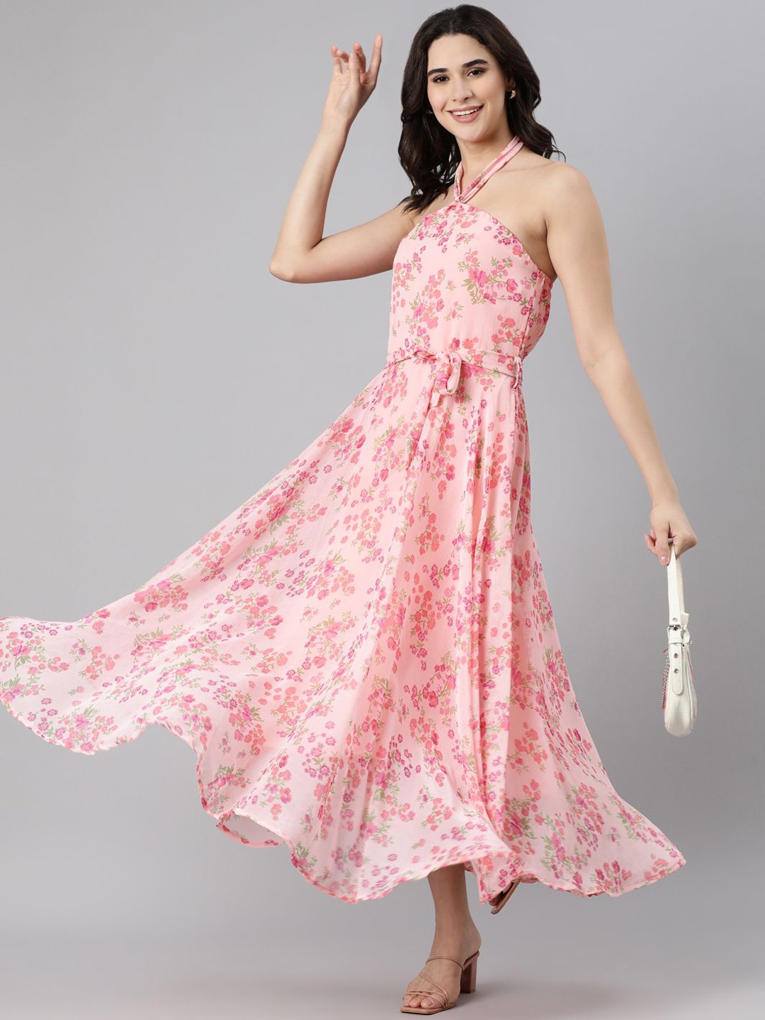 

Souchii Floral Printed Halter Neck Sleeveless Fit and Flare Dress, Pink