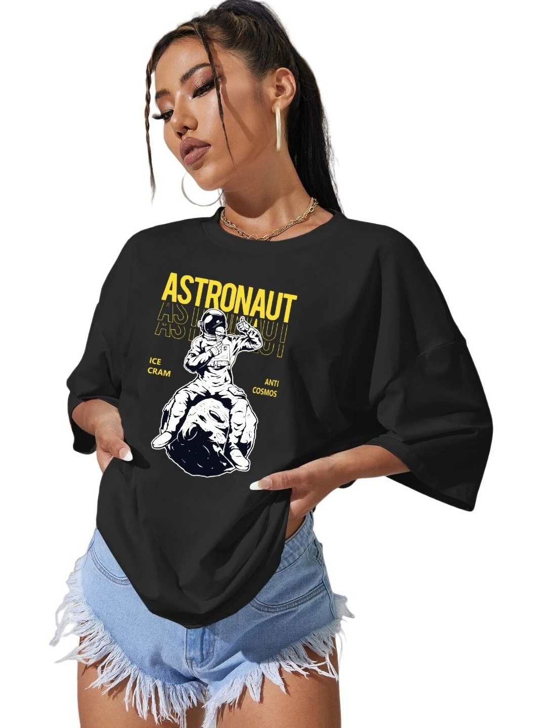 

TABADTOD Women Graphic Printed Oversized T-shirt, Black