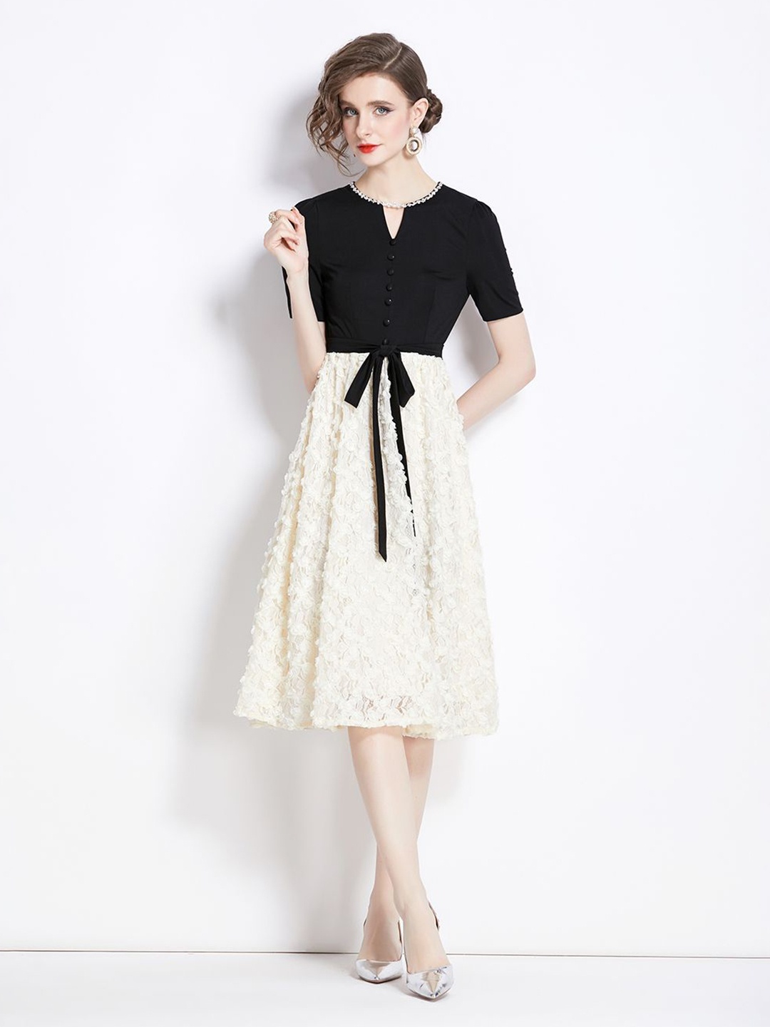 

JC Collection Keyhole Neck Fit & Flare Dress, Beige