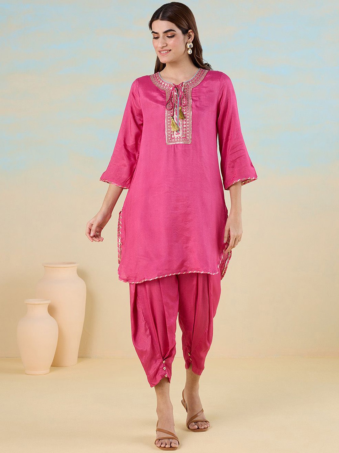 

Likha Floral Embroidered Tie-Up Neck Straight Kurta With Dhoti Pants, Fuchsia