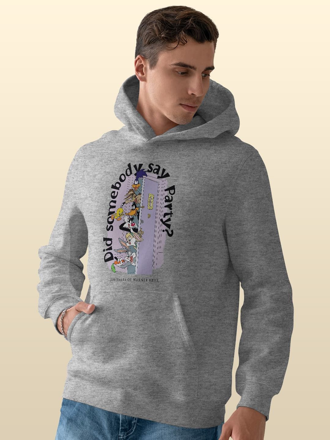 

macmerise Men Printed Hooded Sweatshirt, Grey