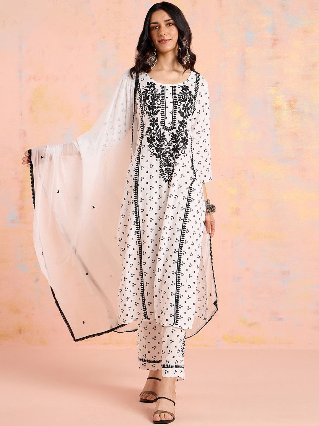 

Likha Floral Printed Straight Chikankari Kurta with Palazzos & Dupatta, White