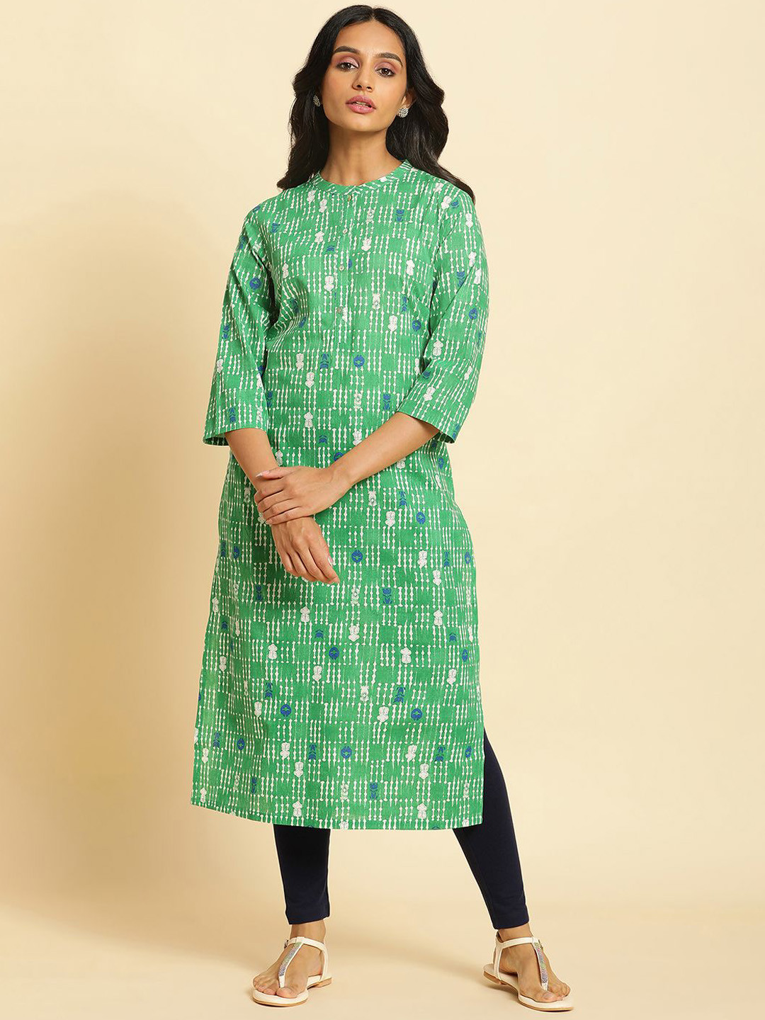 

W Striped Mandarin Collar Thread Work Cotton Straight Kurta, Green