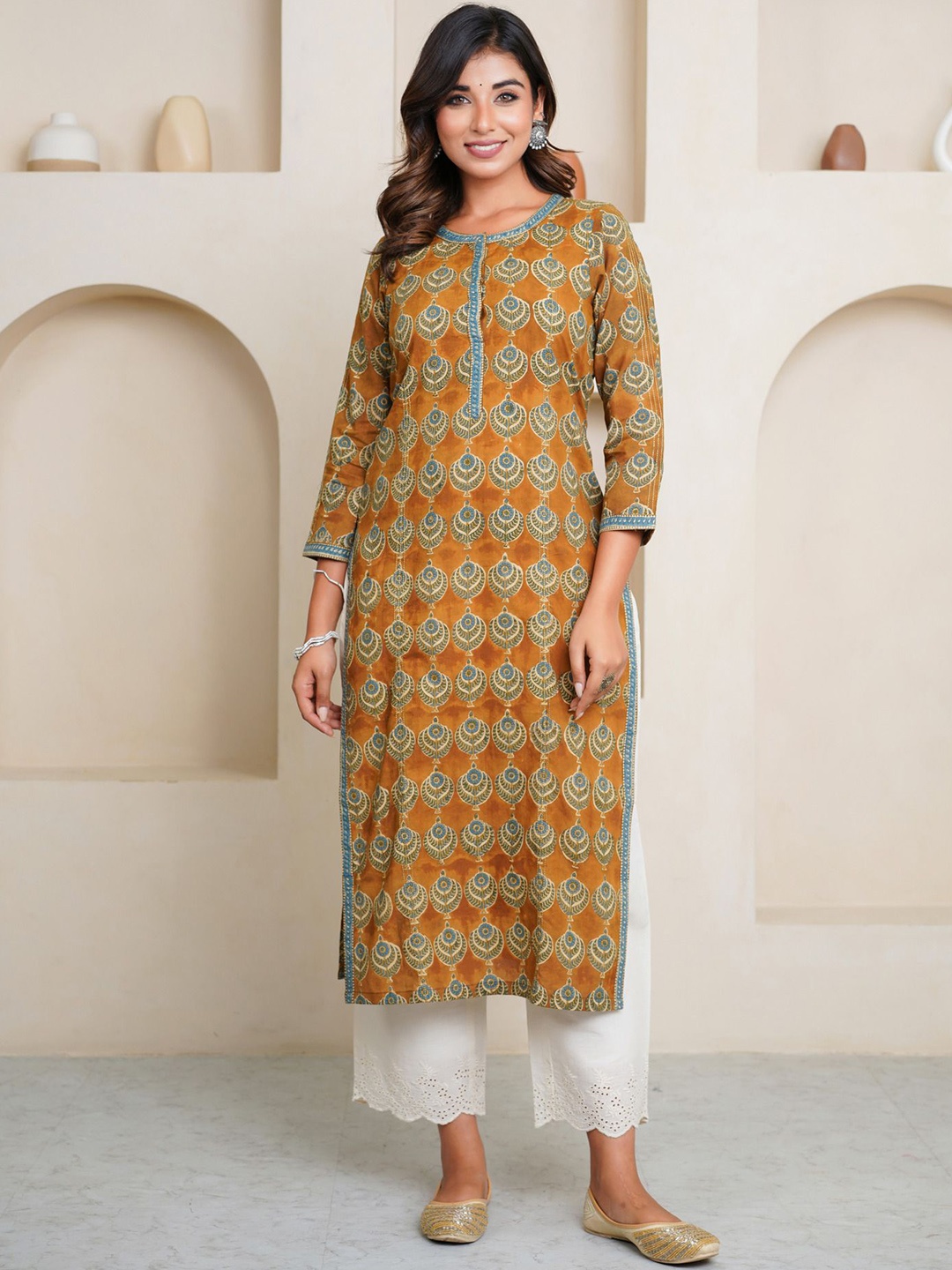 

JAIPURIBANNO Ethnic Motifs Printed Straight Kurta, Brown