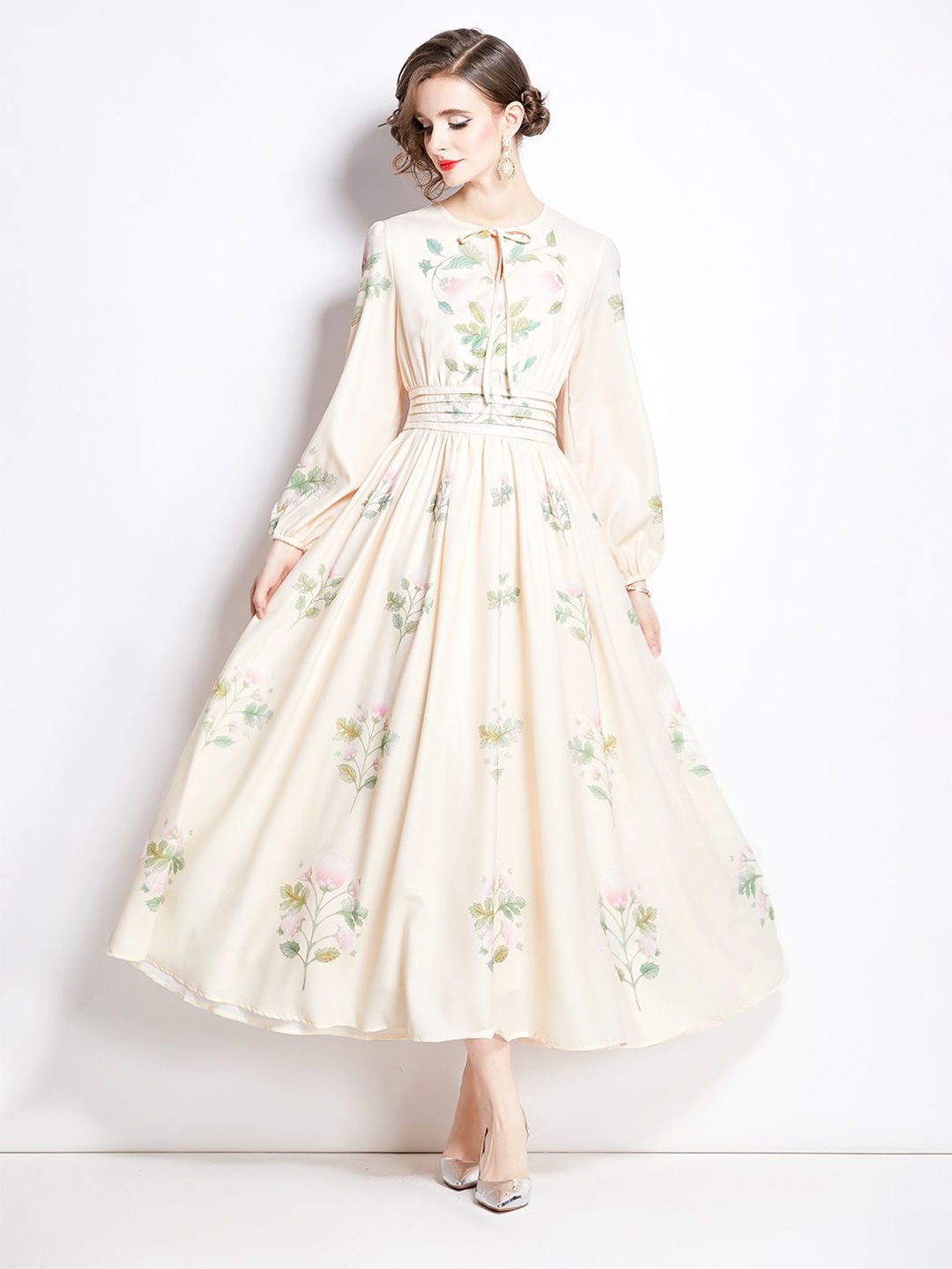 

JC Collection Floral Printed Tie-Up Neck Fit and Flare Maxi Dress, Off white