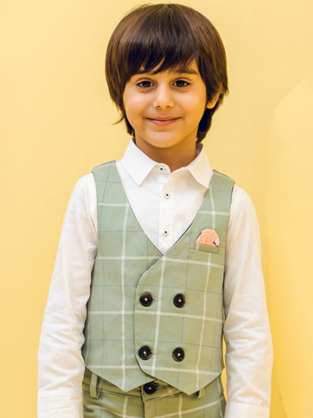 

One Friday Boys Checked V-Neck Sleeveless Waistcoat, Green