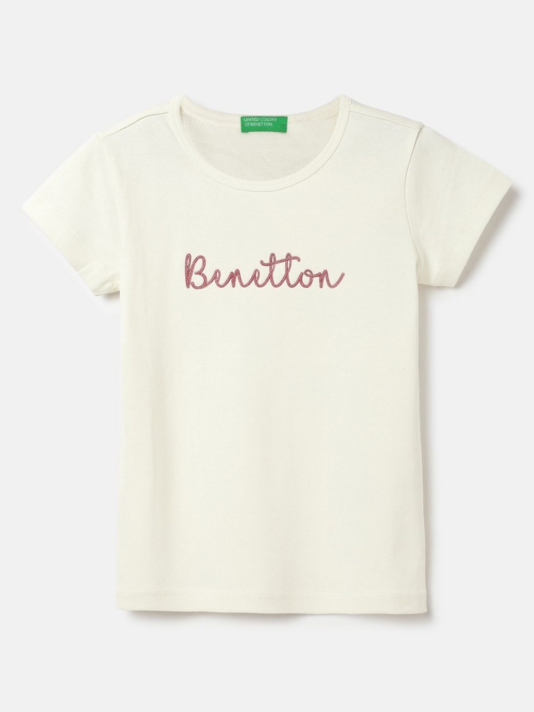 

United Colors of Benetton Girls Typography Printed Pure Cotton Applique T-shirt, White