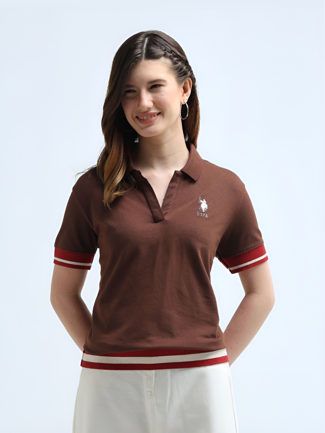 

U.S. Polo Assn. Women Solid Polo Collar Cotton T-Shirt, Brown