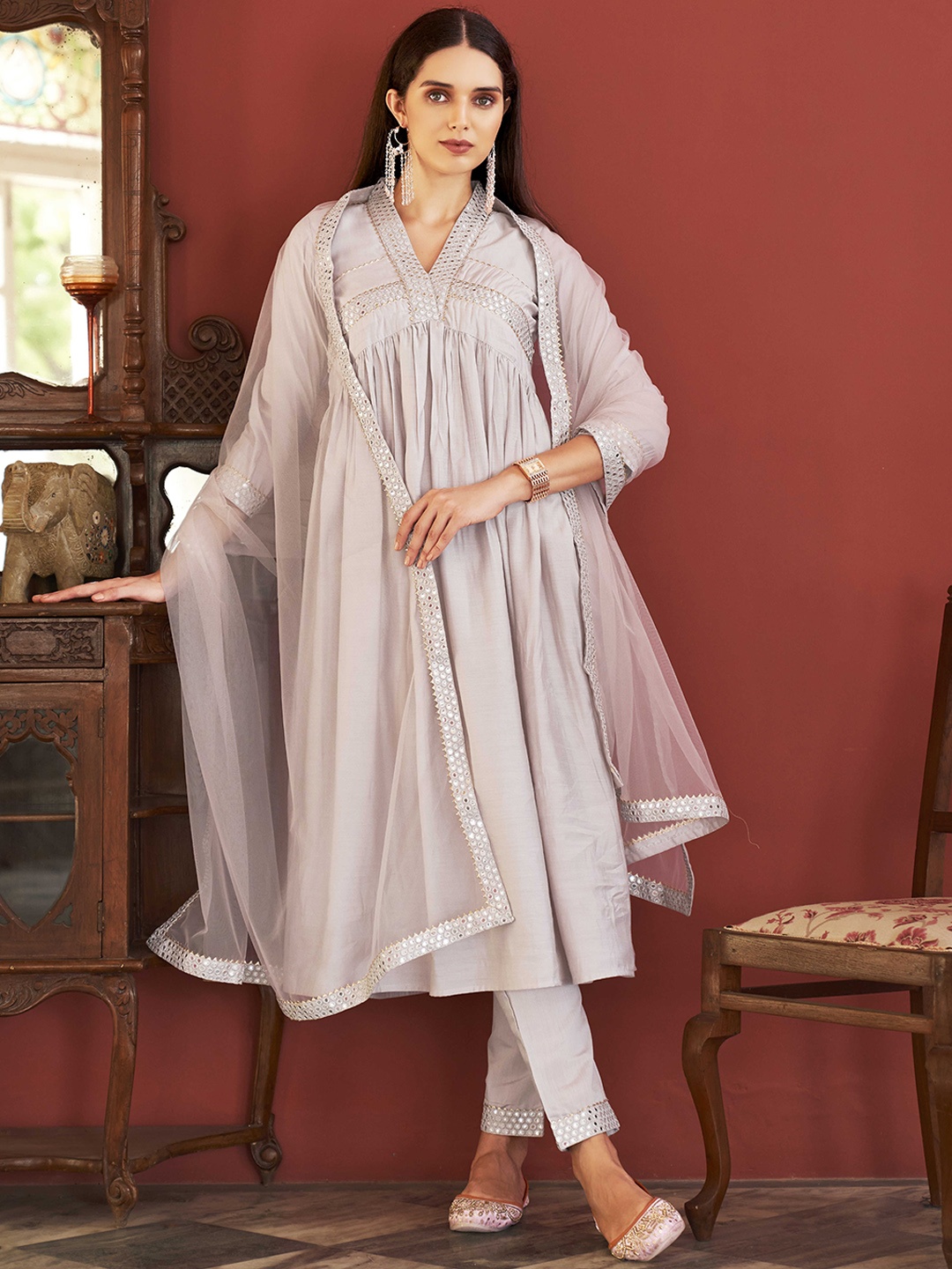 

Tikhi Imli Geometric Yoke Design Empire Mirror Work A-Line Kurta with Trousers & Dupatta, Taupe