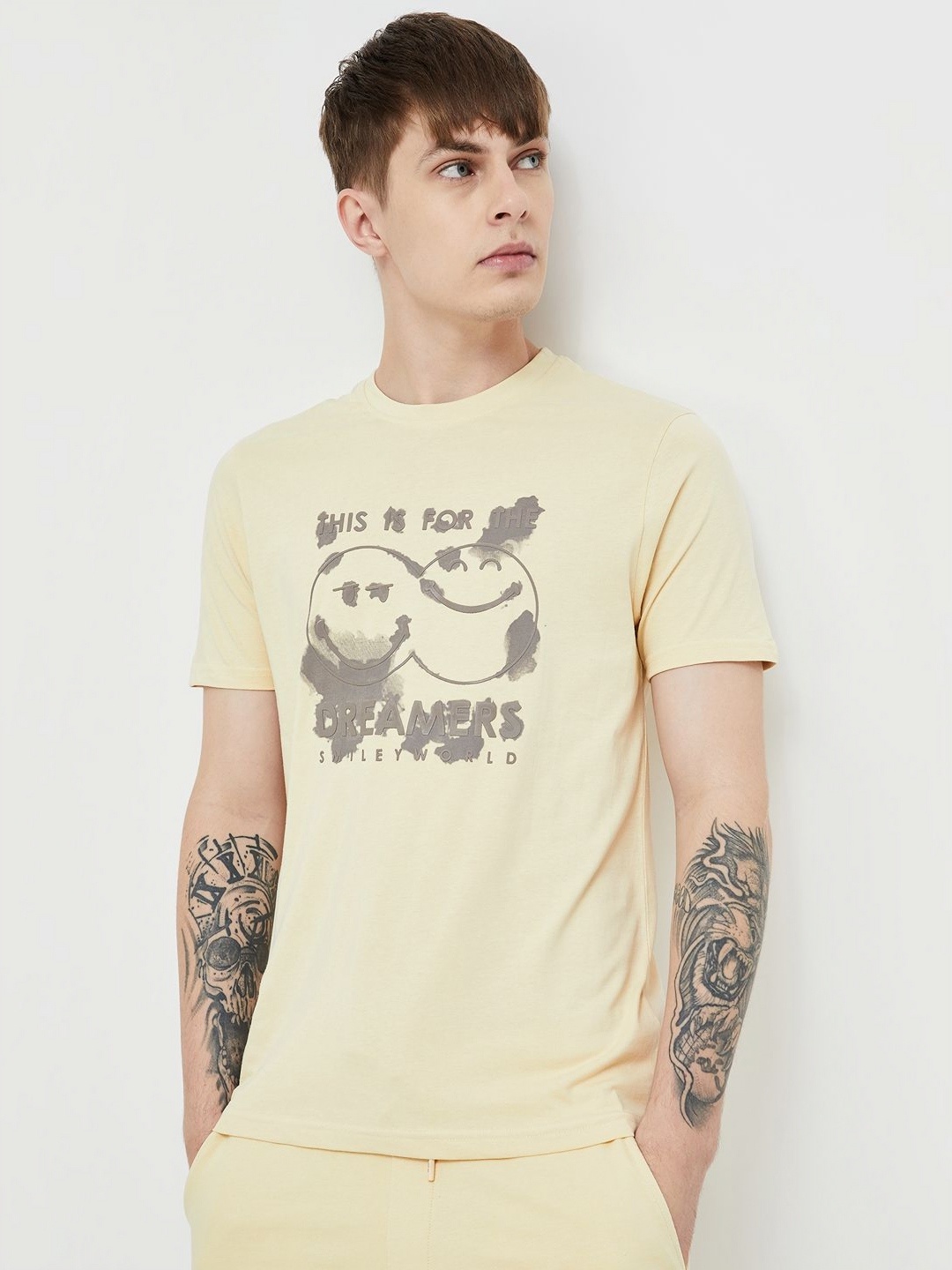 

SmileyWorld Men Graphic Printed Round Neck Cotton T-Shirt, Beige