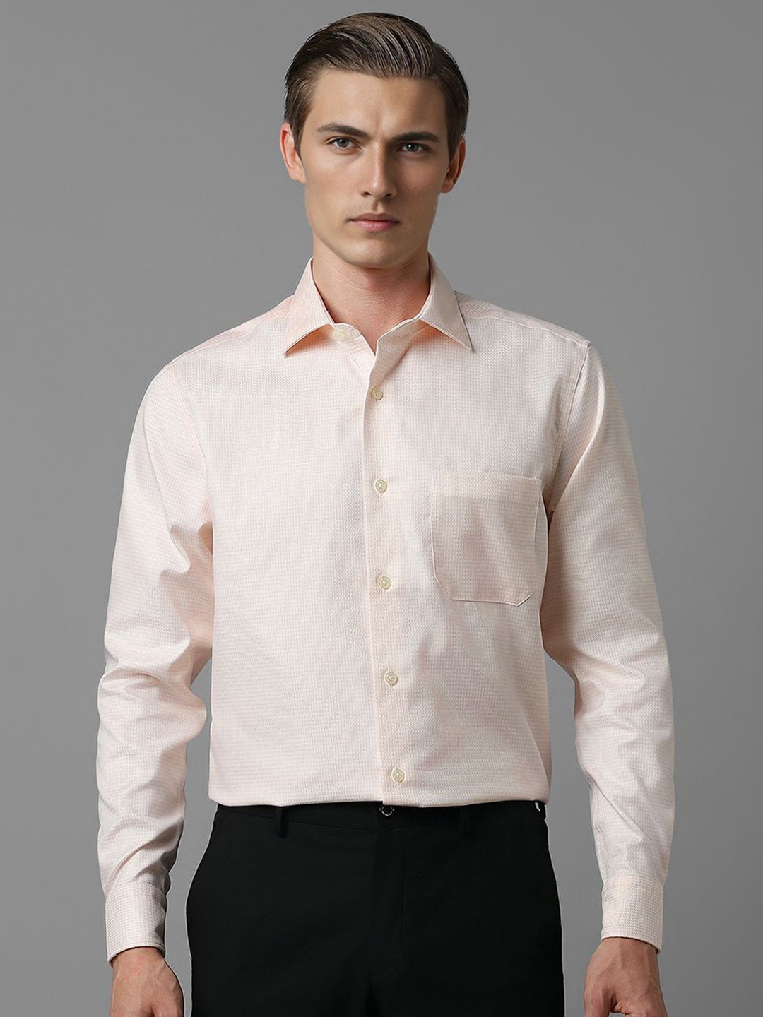 

Louis Philippe Men Classic Spread Collar Textured Solid Cotton Formal Shirt, Beige