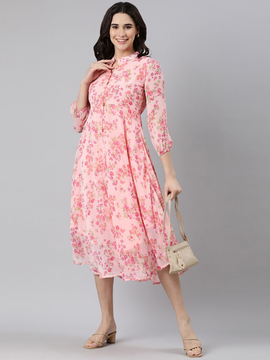 

Souchii Women Floral Printed A-Line Midi Dress, Pink