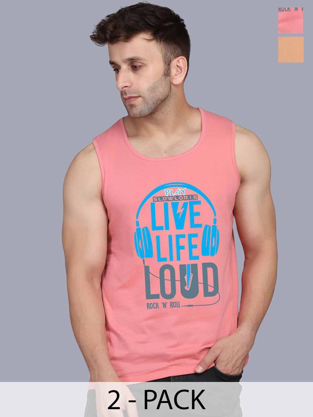 

SLOWLORIS Men Pack Of 2 Printed Cotton Vests, Beige
