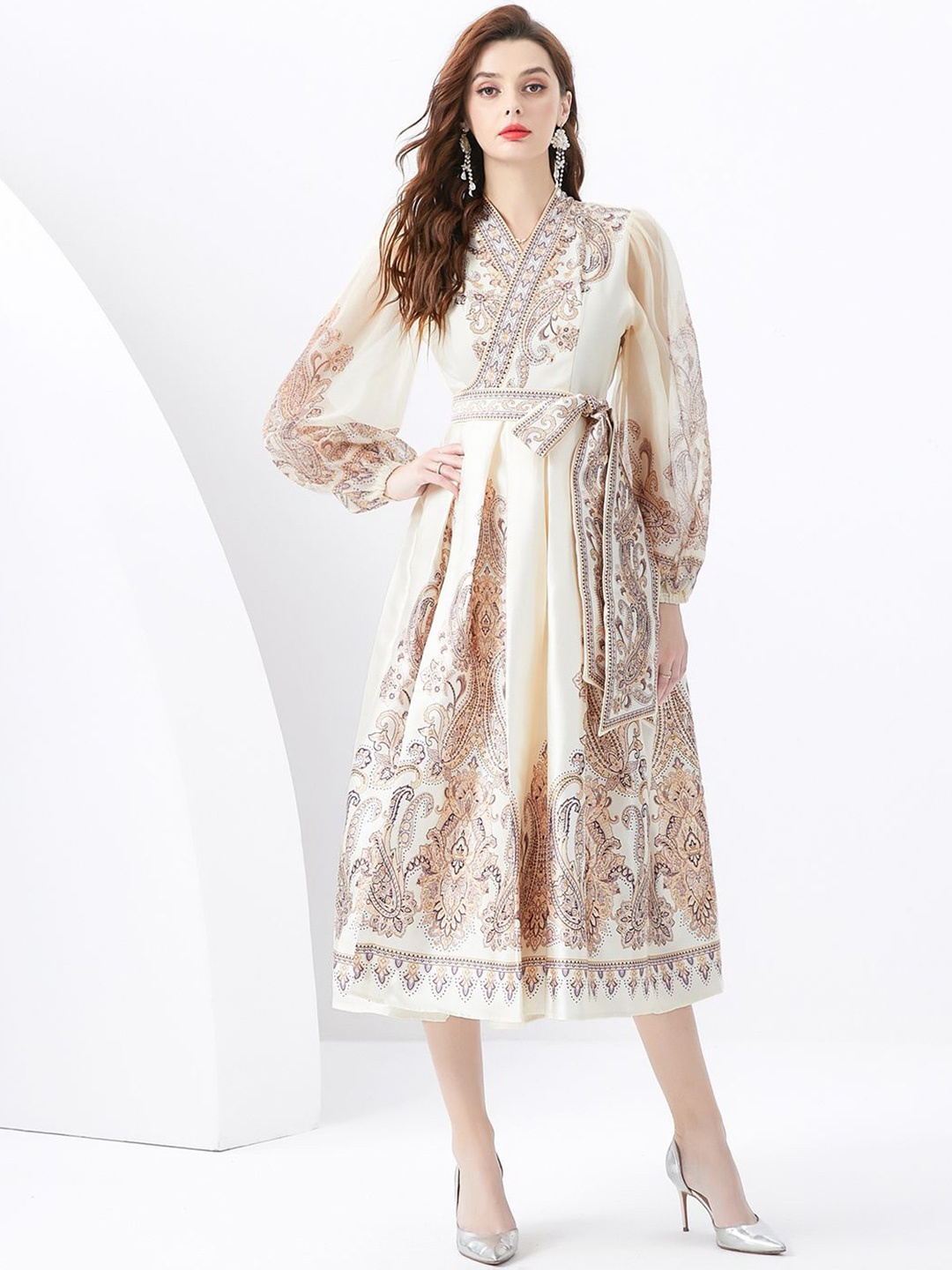 

JC Collection Ethnic Motifs Puff Sleeve Wrap Midi Dress, Off white