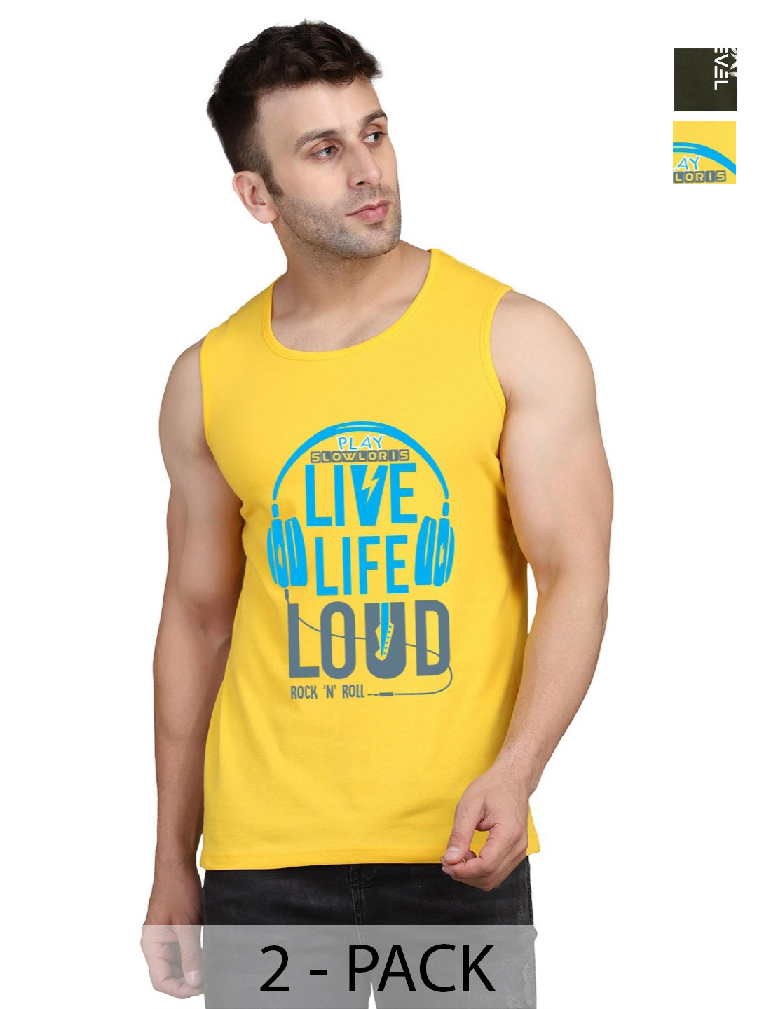 

SLOWLORIS Men Pack Of 2 Typography Printed Round Neck Cotton Slim Fit T-shirts, Yellow