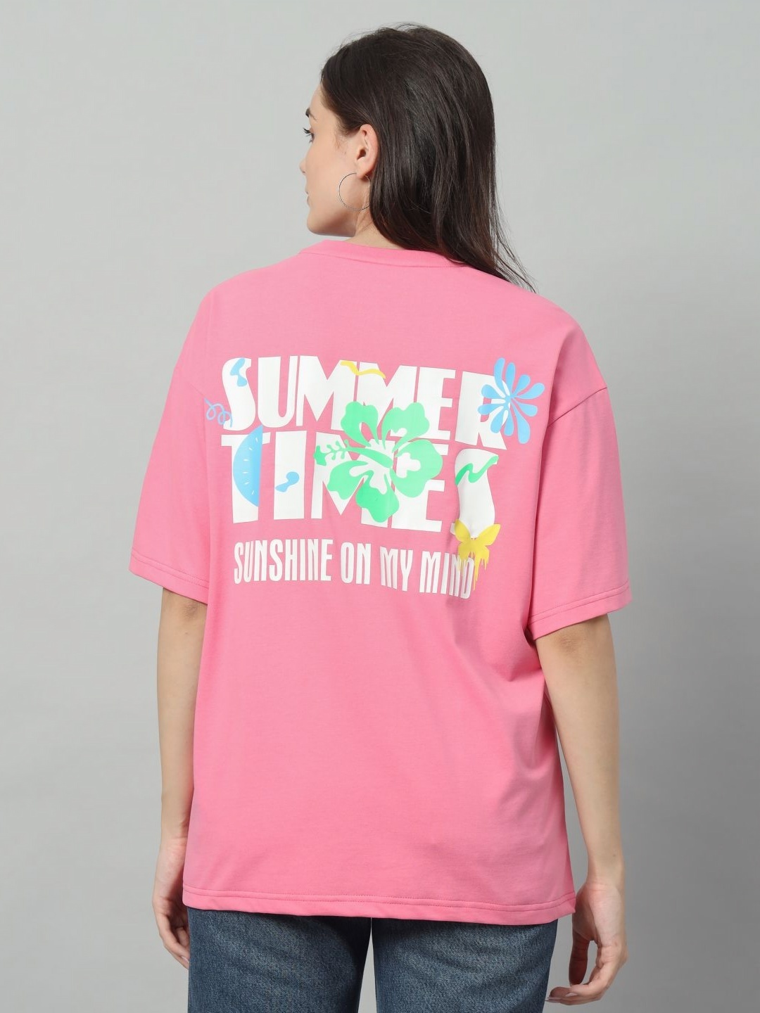 

SWAGNOX Women Typography Printed Round Neck Cotton Oversized T-shirt, Pink