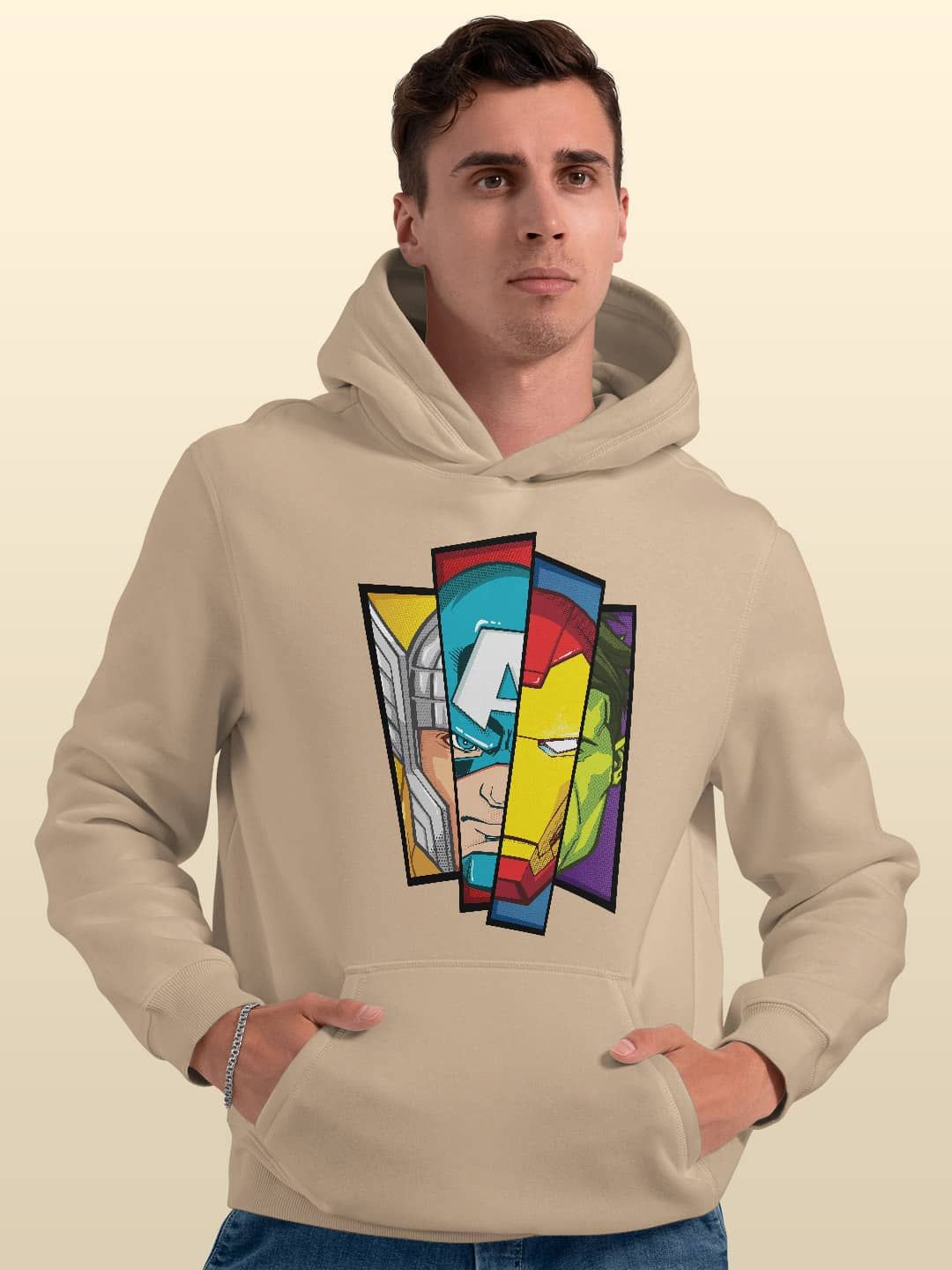 

macmerise Men Printed Hooded Sweatshirt, Beige