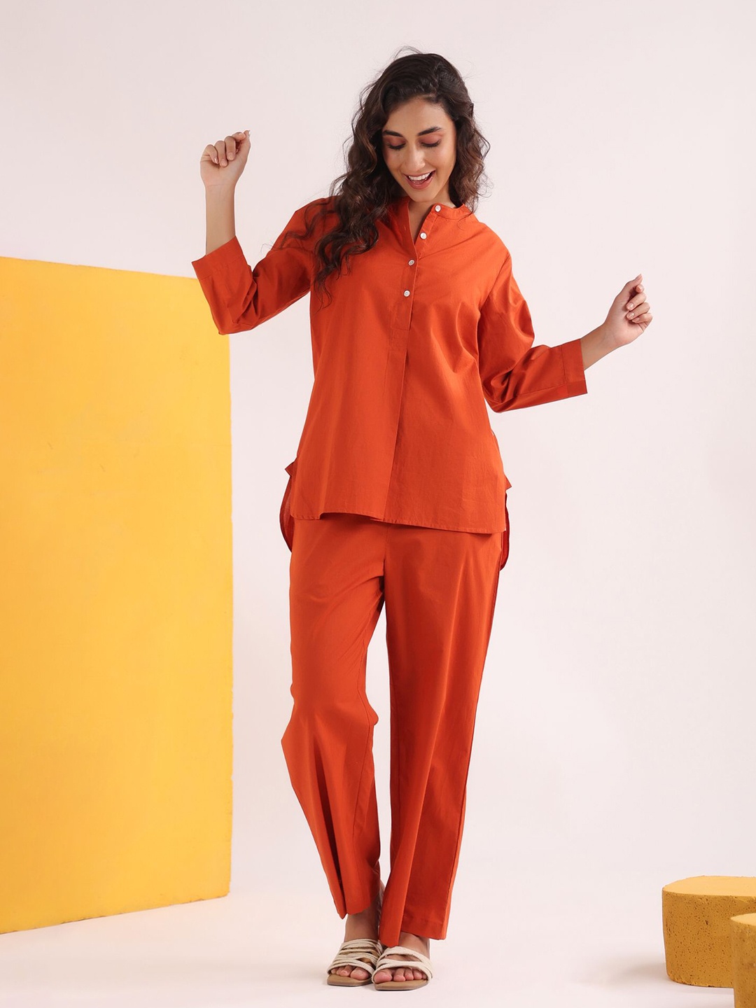 

JISORA Pure Cotton Mandarin Collar Top With Trouser, Rust