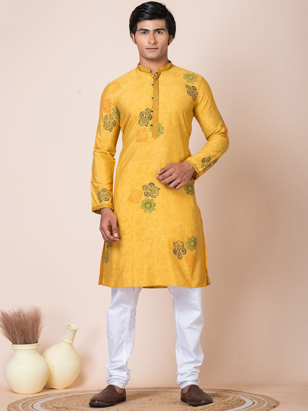 

HU - Handcrafted Uniquely Floral Printed Mandarin Collar Straight Silk Kurta, Yellow