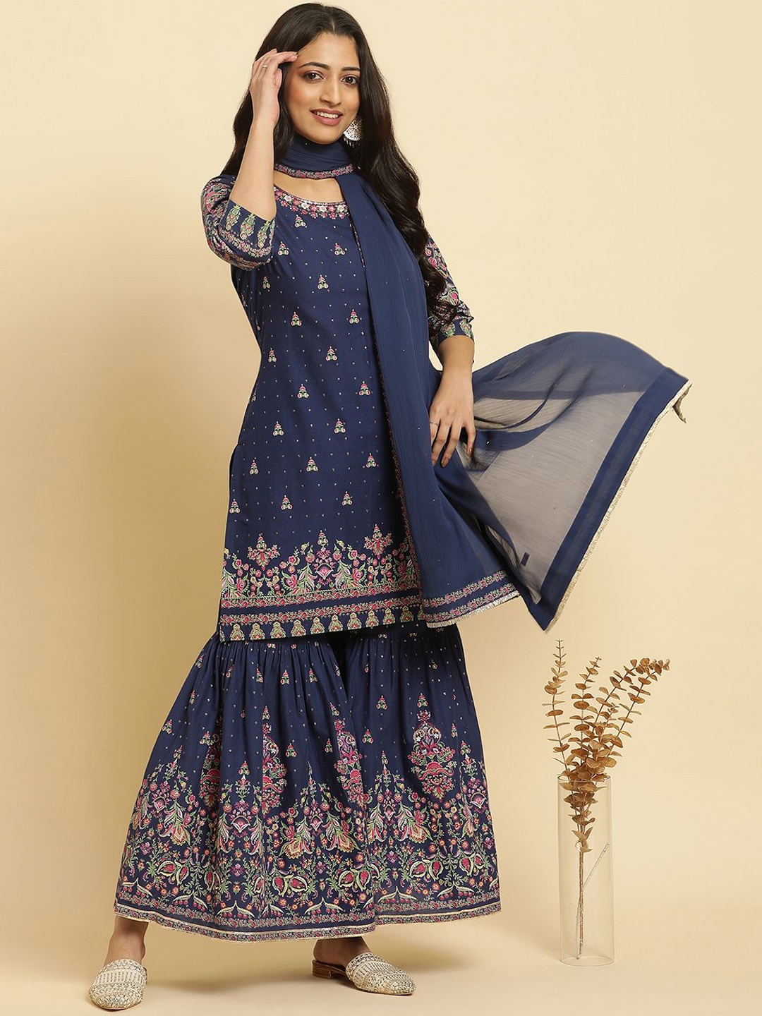 

W Floral Printed Thread Work Pure Cotton Straight Kurta with Sharara & With Dupatta, Blue