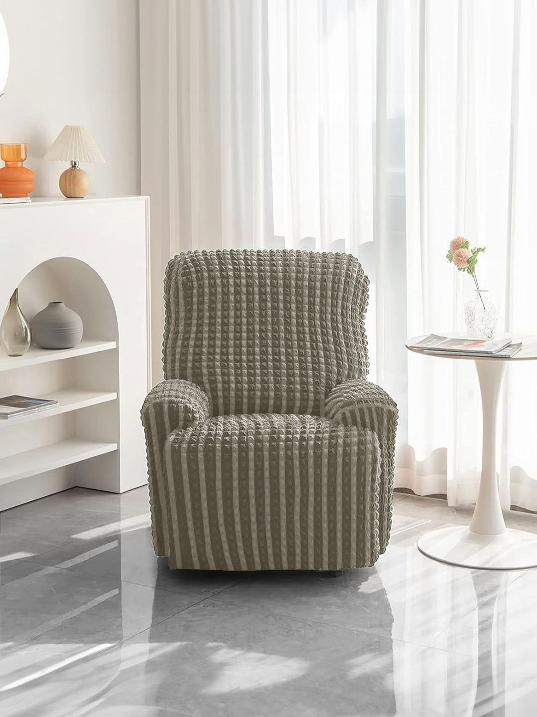 

Cortina Grey Self Design Sofa Cover With Arms