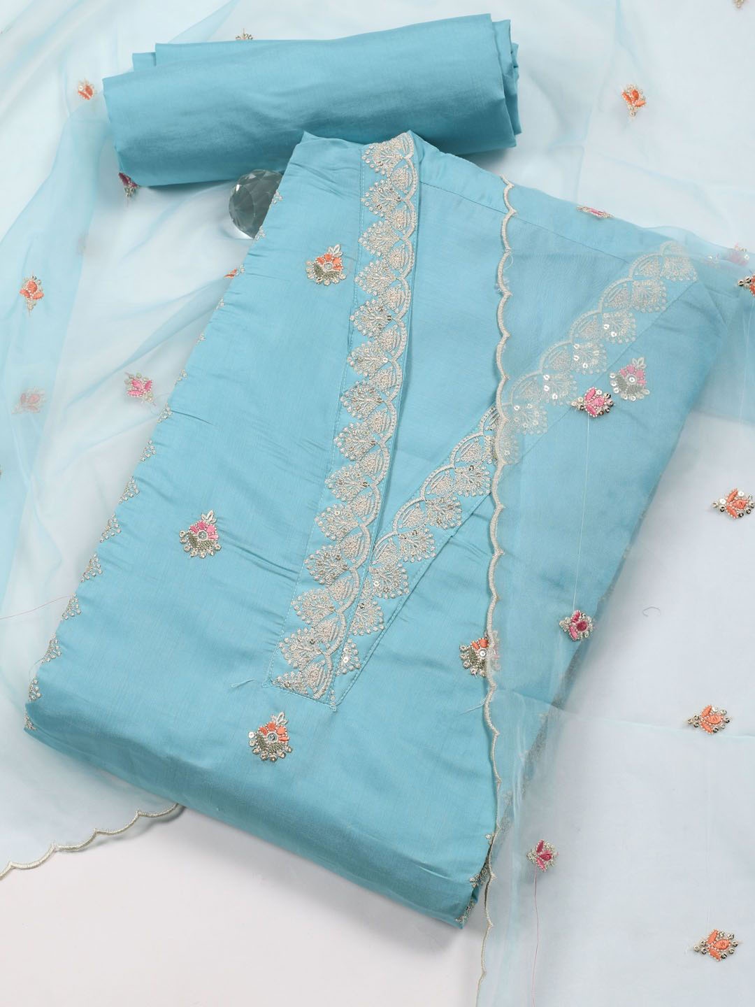 

Meena Bazaar Floral Embroidered Unstitched Dress Material, Blue