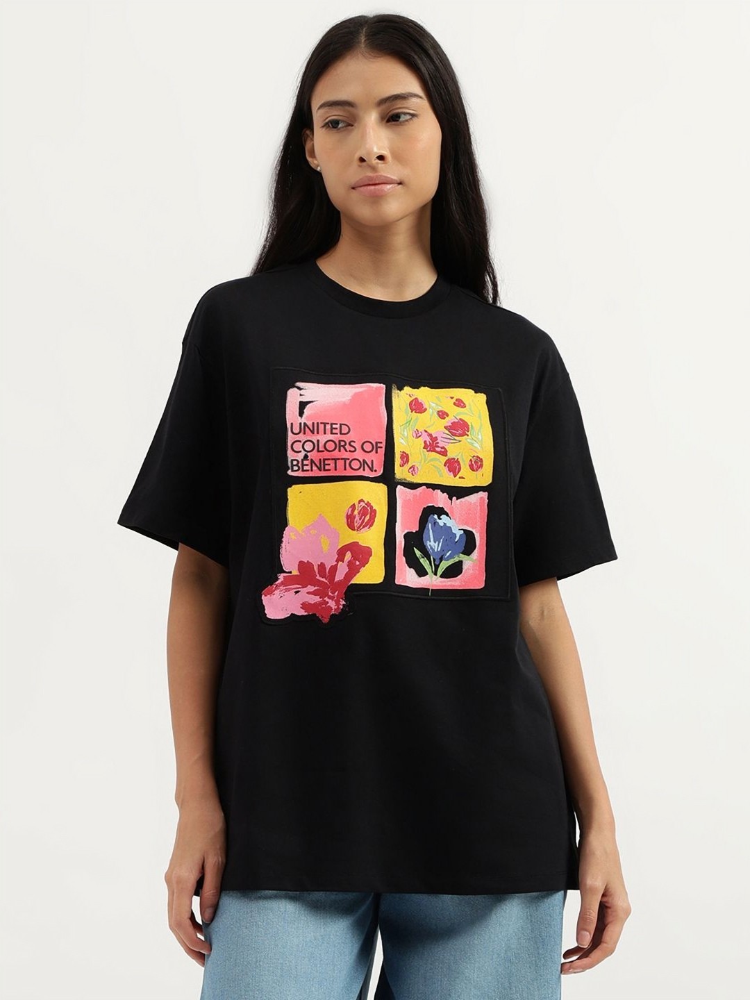 

United Colors of Benetton Women Printed Extended Sleeves Pure Cotton Applique T-shirt, Black
