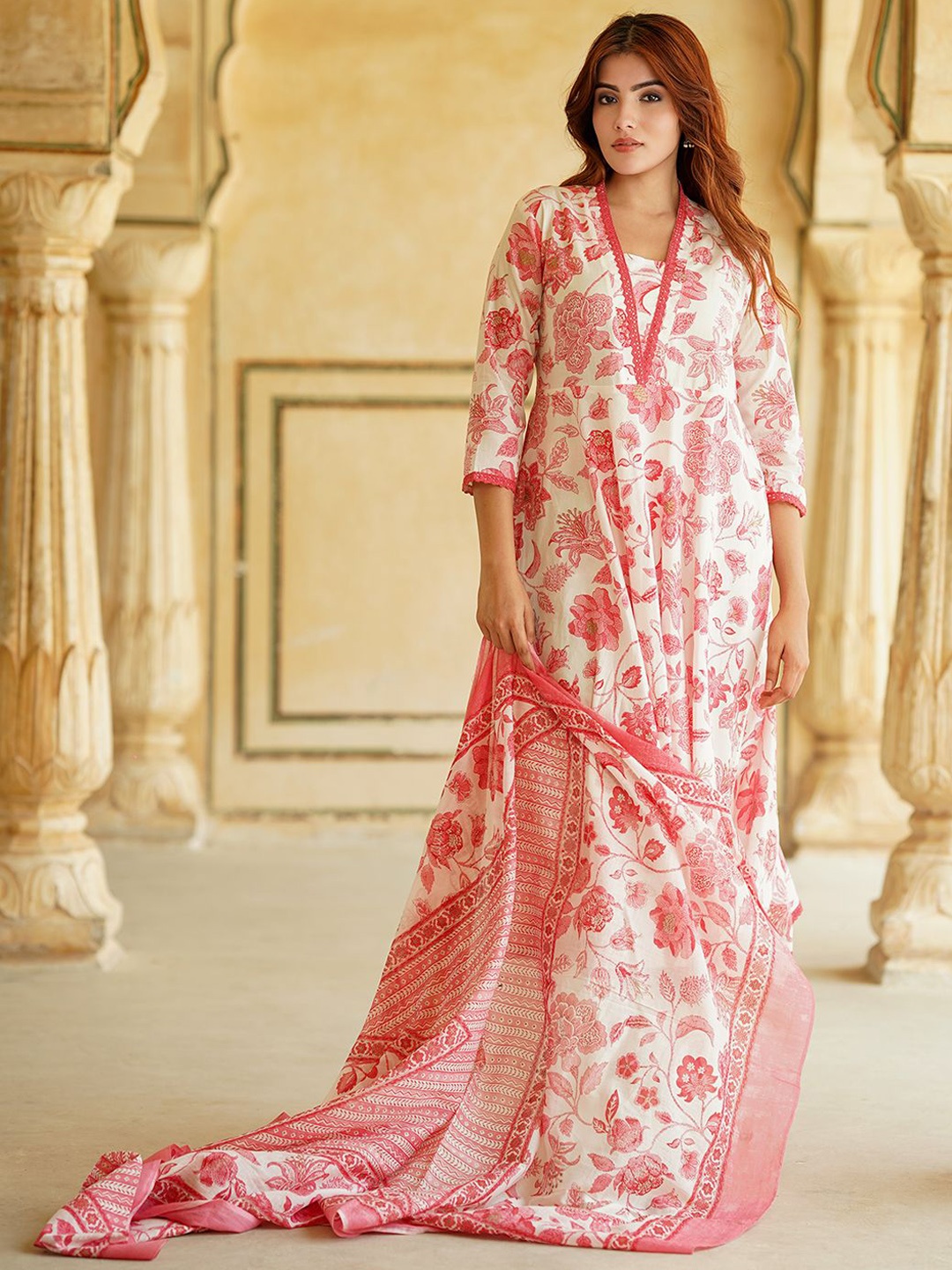 

KALINI Floral Printed Pure Cotton A-Line Kurta With Trousers & Dupatta, White