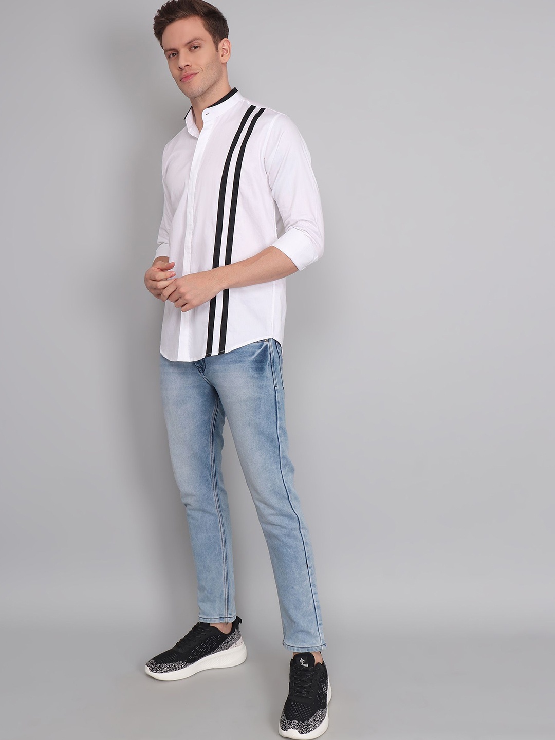 

TRYBUY.IN Men Band Collar Vertical Striped Cotton Semiformal Shirt, White