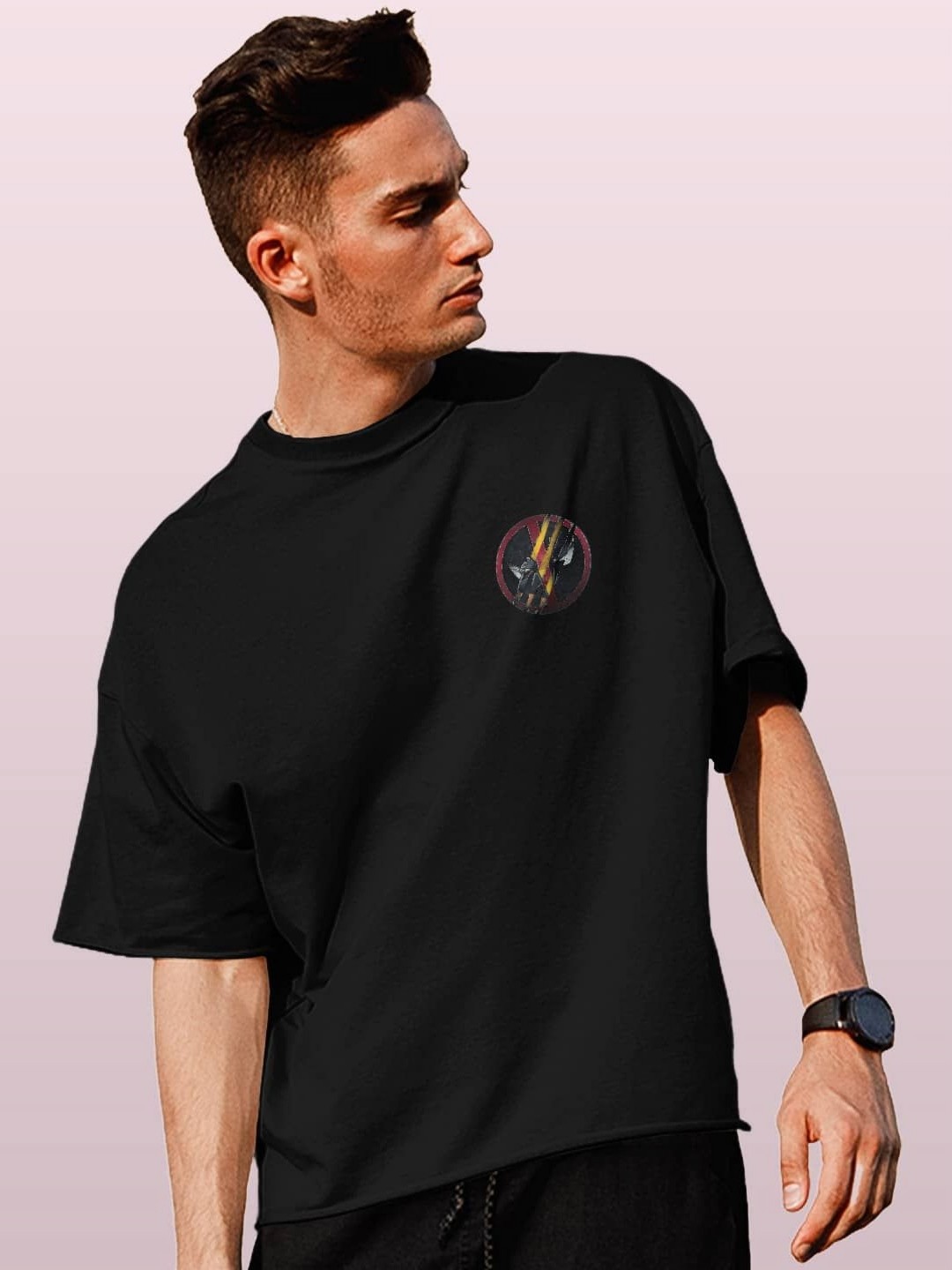 

macmerise Men Printed V-Neck Extended Sleeves Raw Edge T-shirt, Black