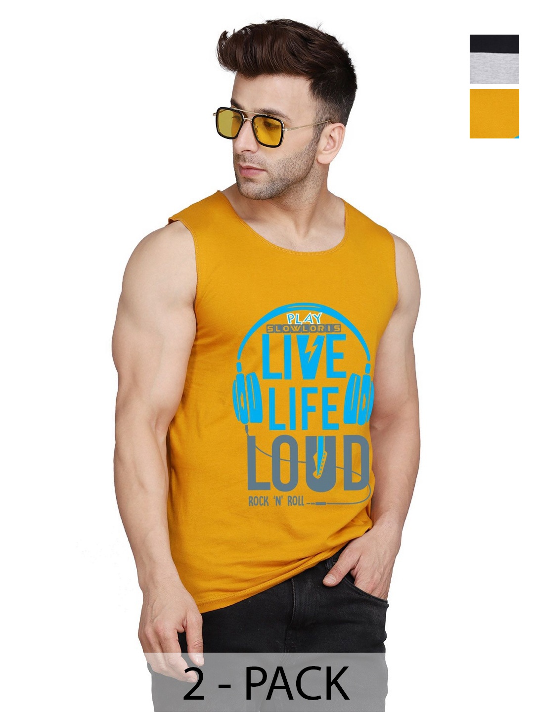 

SLOWLORIS Men Pack Of 2 Typography Printed Round Neck Cotton Slim Fit T-shirts, Mustard