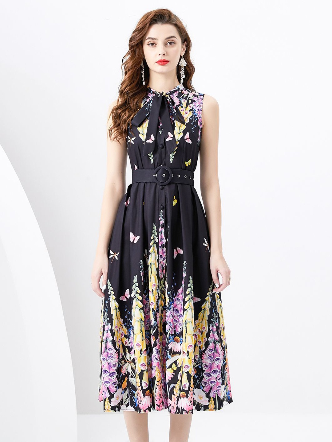 

JC Collection Floral Printed Tie-Up Neck Fit & Flare Midi Dress, Black