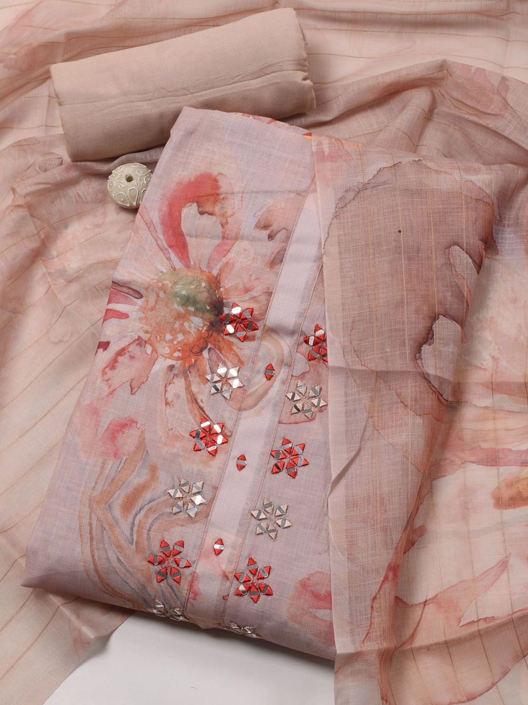 

Meena Bazaar Printed Linen Unstitched Dress Material, Peach