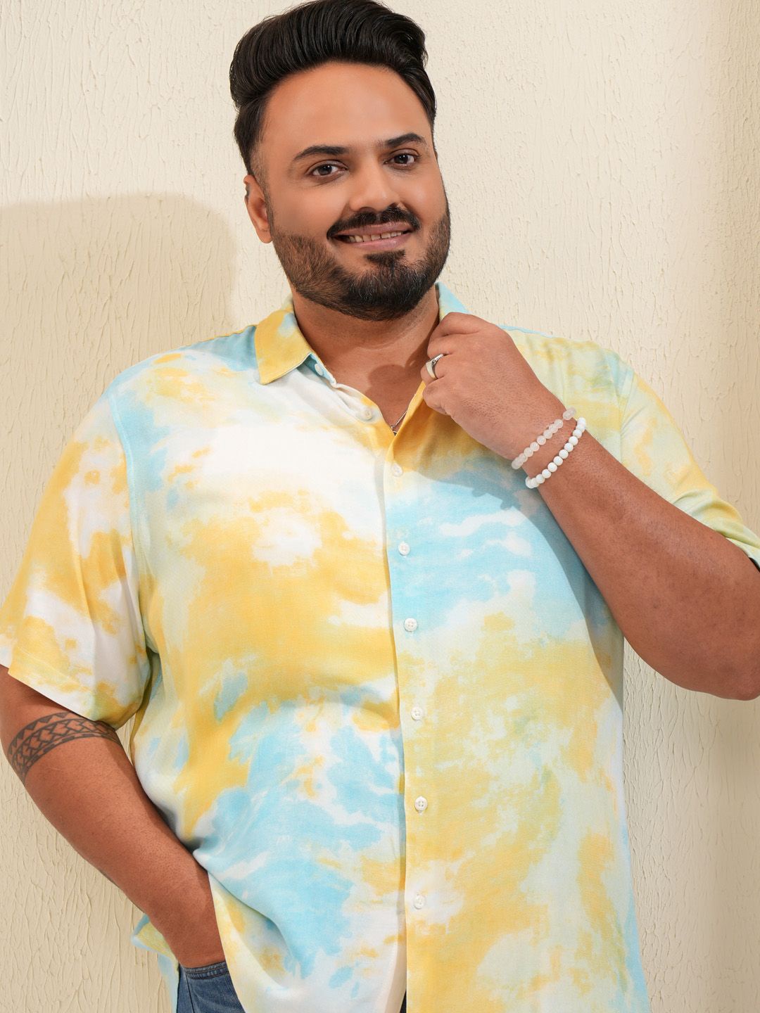 

HIGHLANDER Men Knitted Plus Size Regular Fit Shirt, Blue