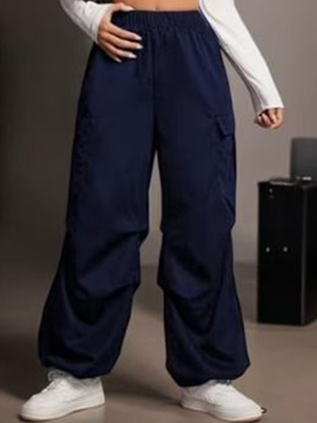 

BROADSTAR Women Smart Loose Fit High-Rise Easy Wash Trousers, Navy blue