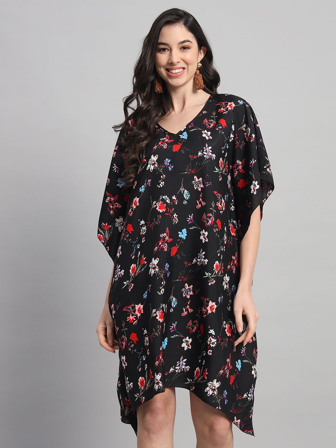 

Curvydrobe Women V-Neck Floral Printed Flared Sleeves Kaftan Dress, Black