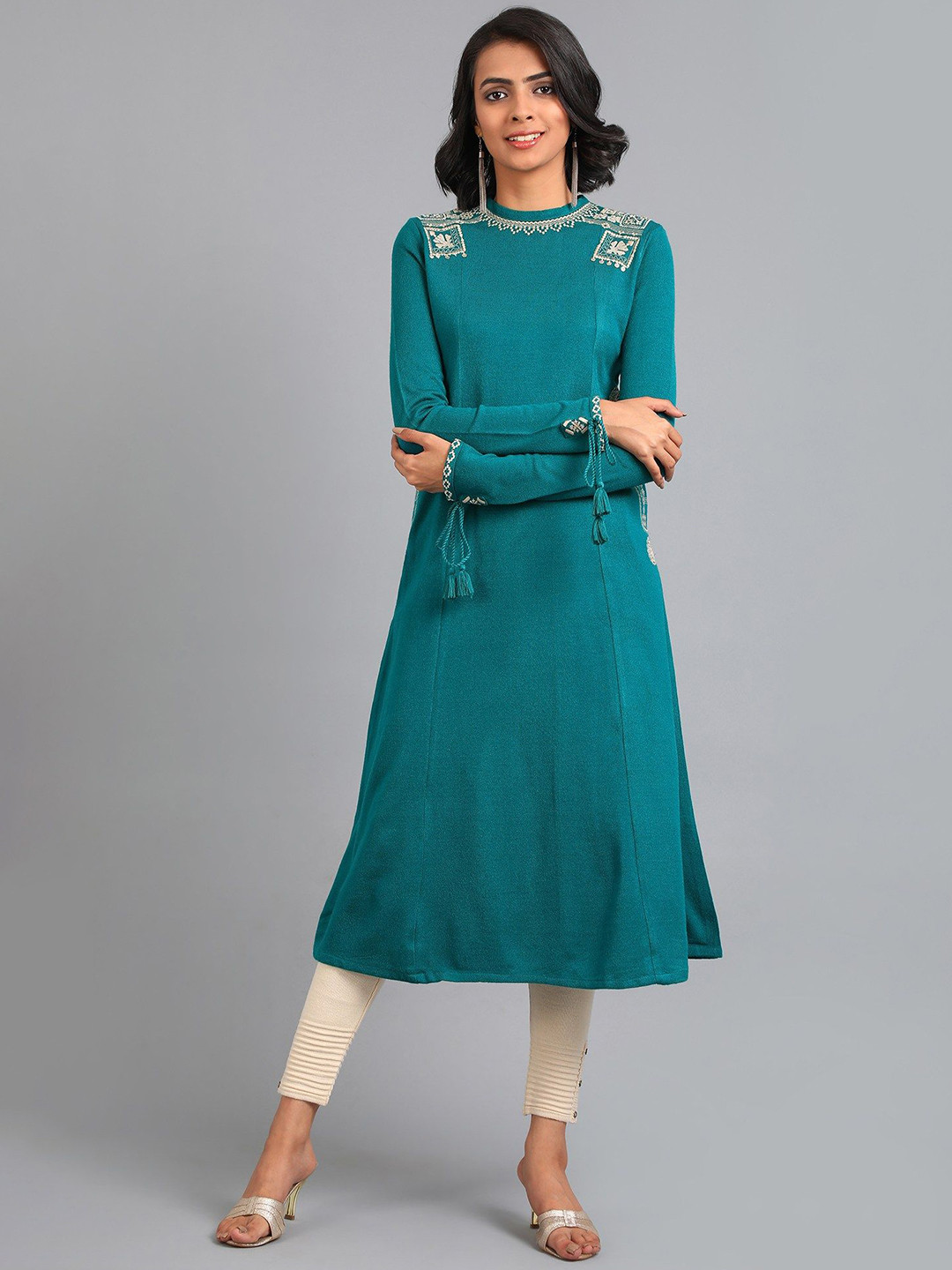

W Ethnic Motifs Yoke Design Panelled Thread Work Knitted A-Line Kurta, Blue