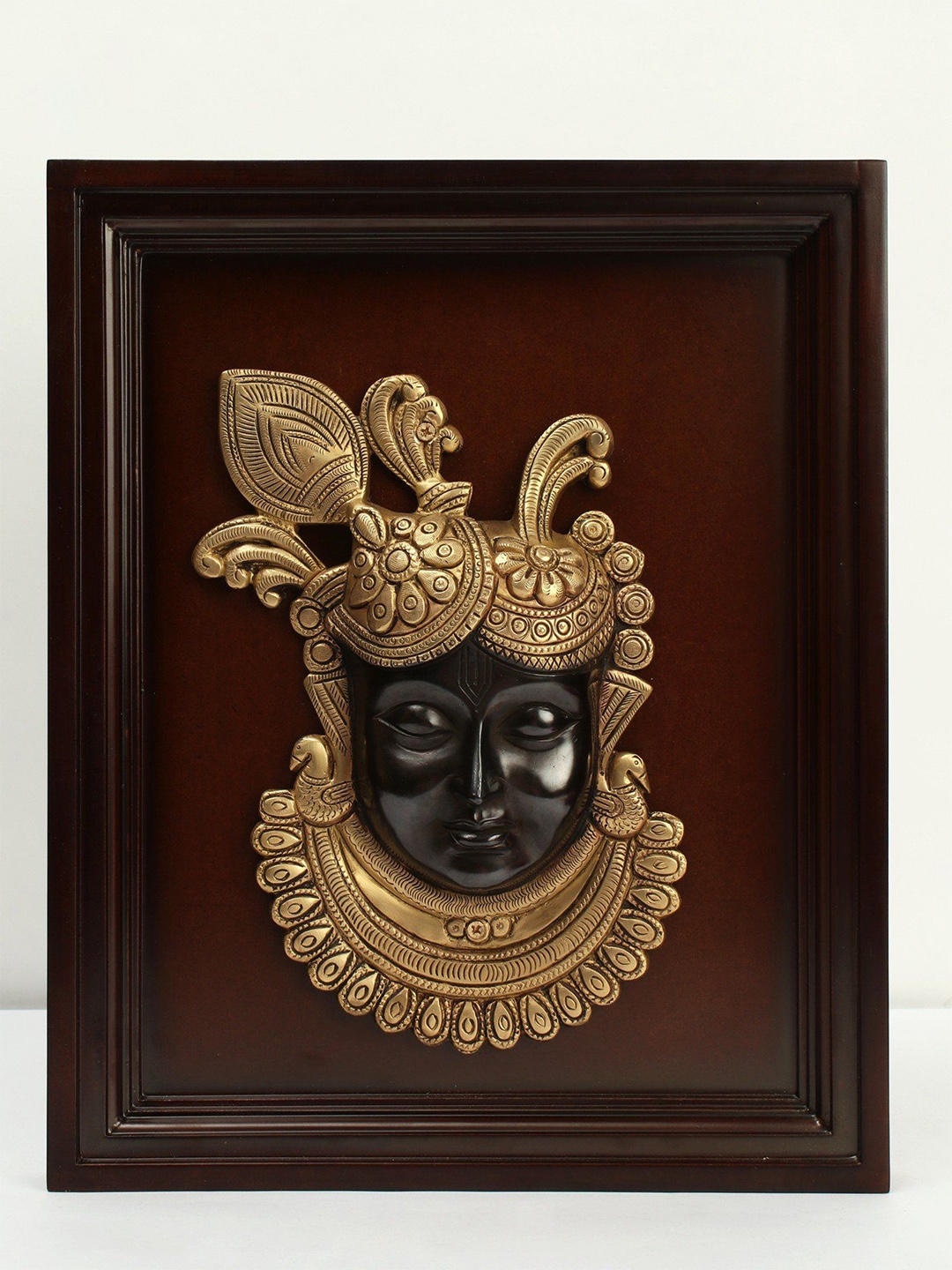 

Exotic India 15" Brass Shrinath ji Face in Wooden Frame Wall Hanging, Gold