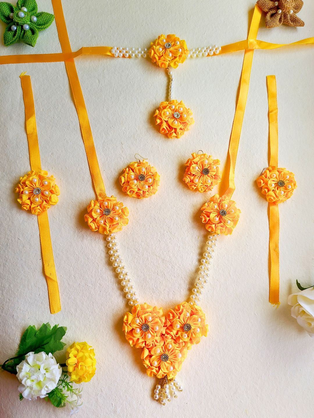

Anouk Yellow Gold Plated Floral Kundan Beaded Haldi & Mehendi Jewellery Set