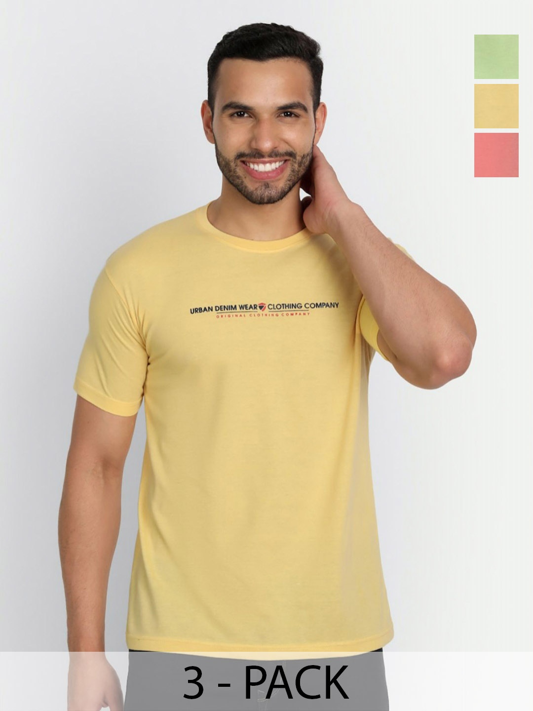 

ZEFFIT Men Pack Of 3 Typography Printed Round Neck Cotton T-shirts, Yellow