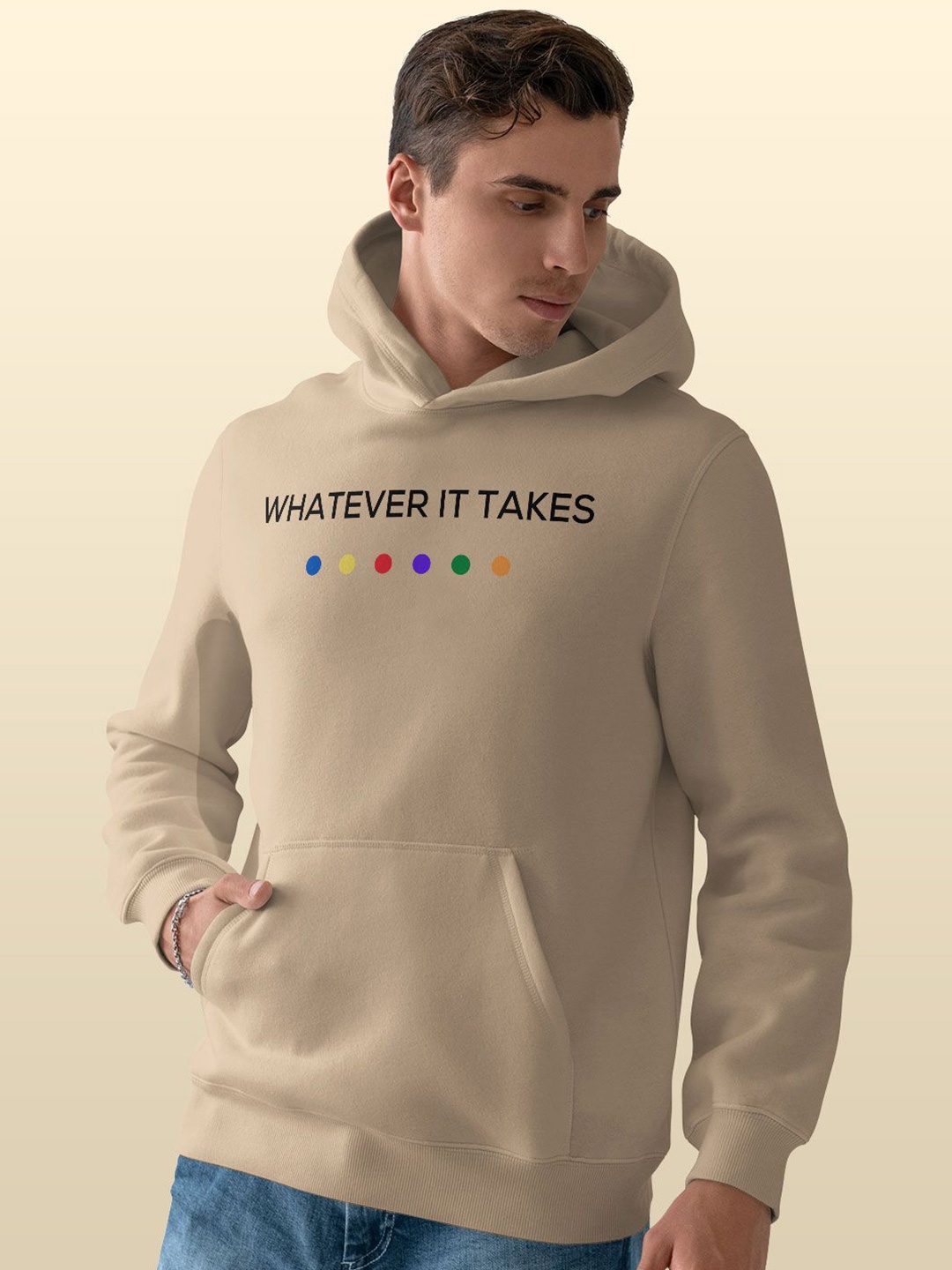 

macmerise Men Printed Hooded Sweatshirt, Beige