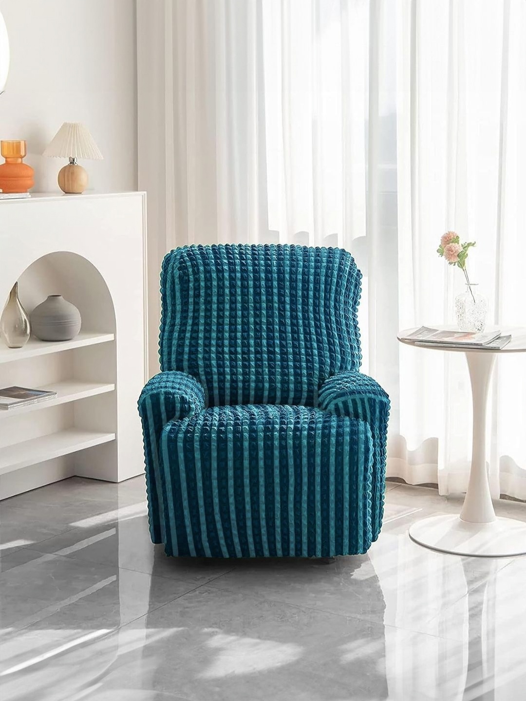 

Cortina Teal & Navy Blue Self Design Sofa Cover With Arms