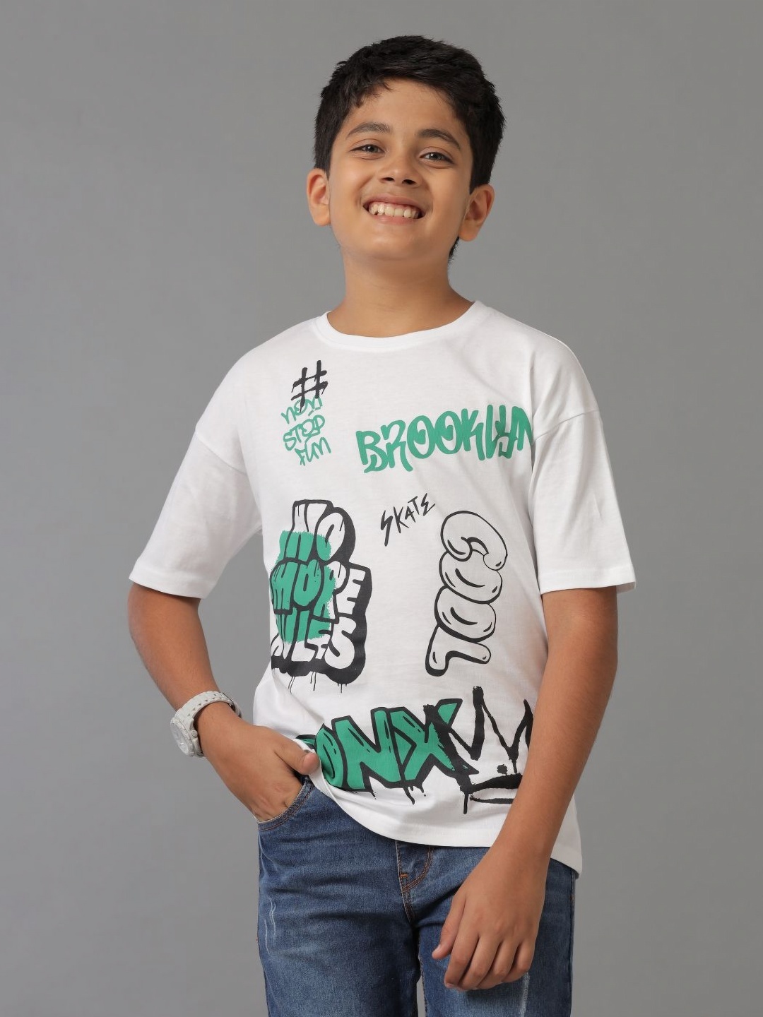 

UNDER FOURTEEN ONLY Boys Typography Printed Round Neck Cotton T-shirt, White