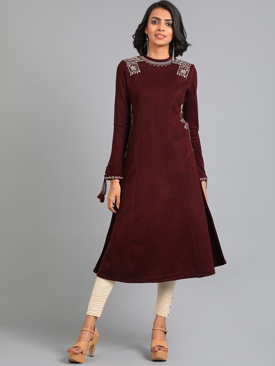 

W Ethnic Motifs Yoke Design Panelled Thread Work Knitted A-Line Kurta, Maroon