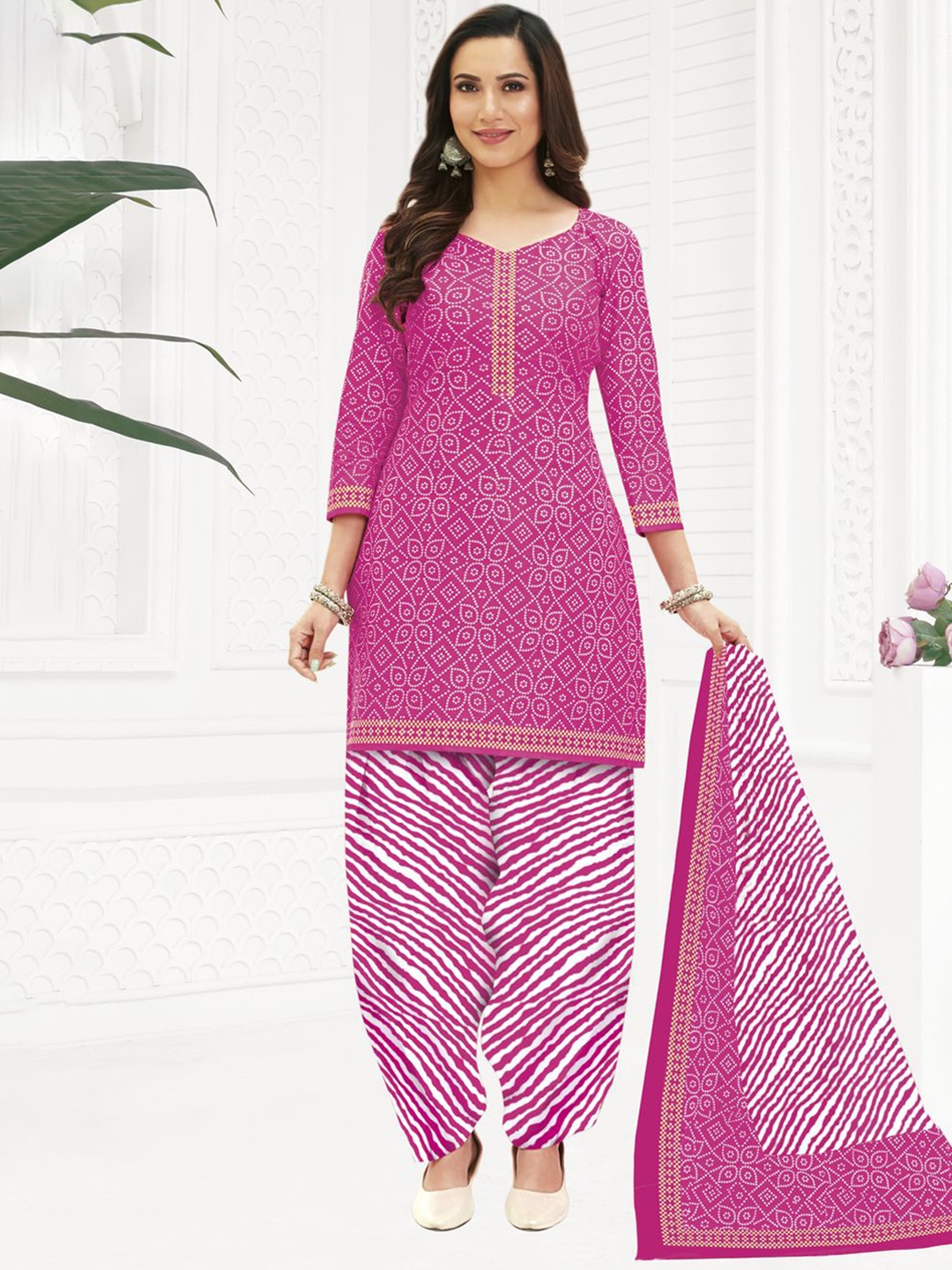 

MIRAAN Bandhani Printed Pure Cotton Unstitched Dress Material, Pink