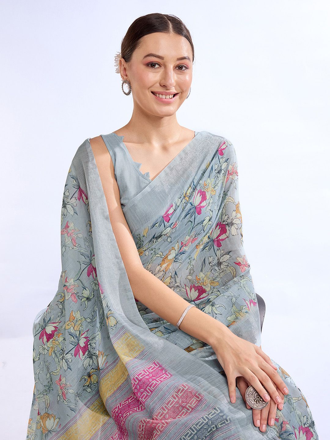 

Mitera Linen Blend Floral Zari Saree, Grey
