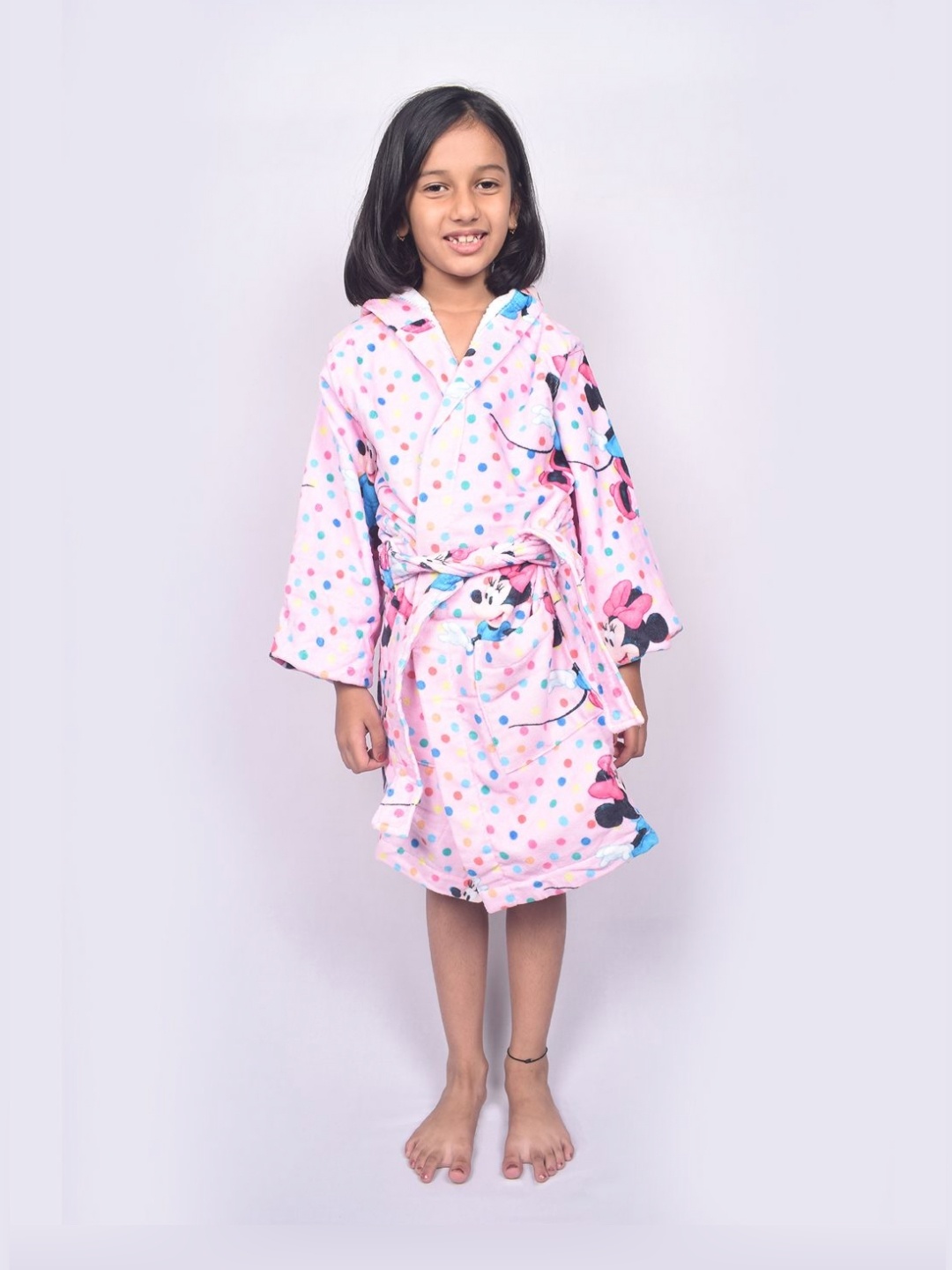 

SPACES Girls Pink & Blue Minnie Mouse Printed Pure Cotton 380 GSM Hooded Bath Robe