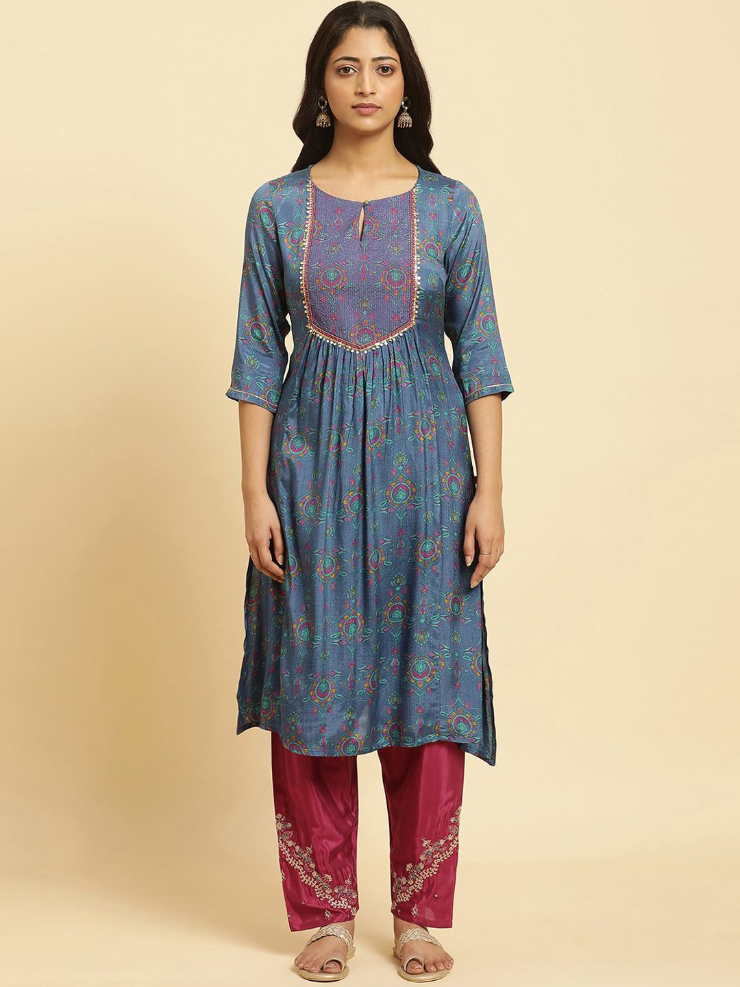 

W Floral Printed Striped Keyhole Neck Straight Kurta, Blue