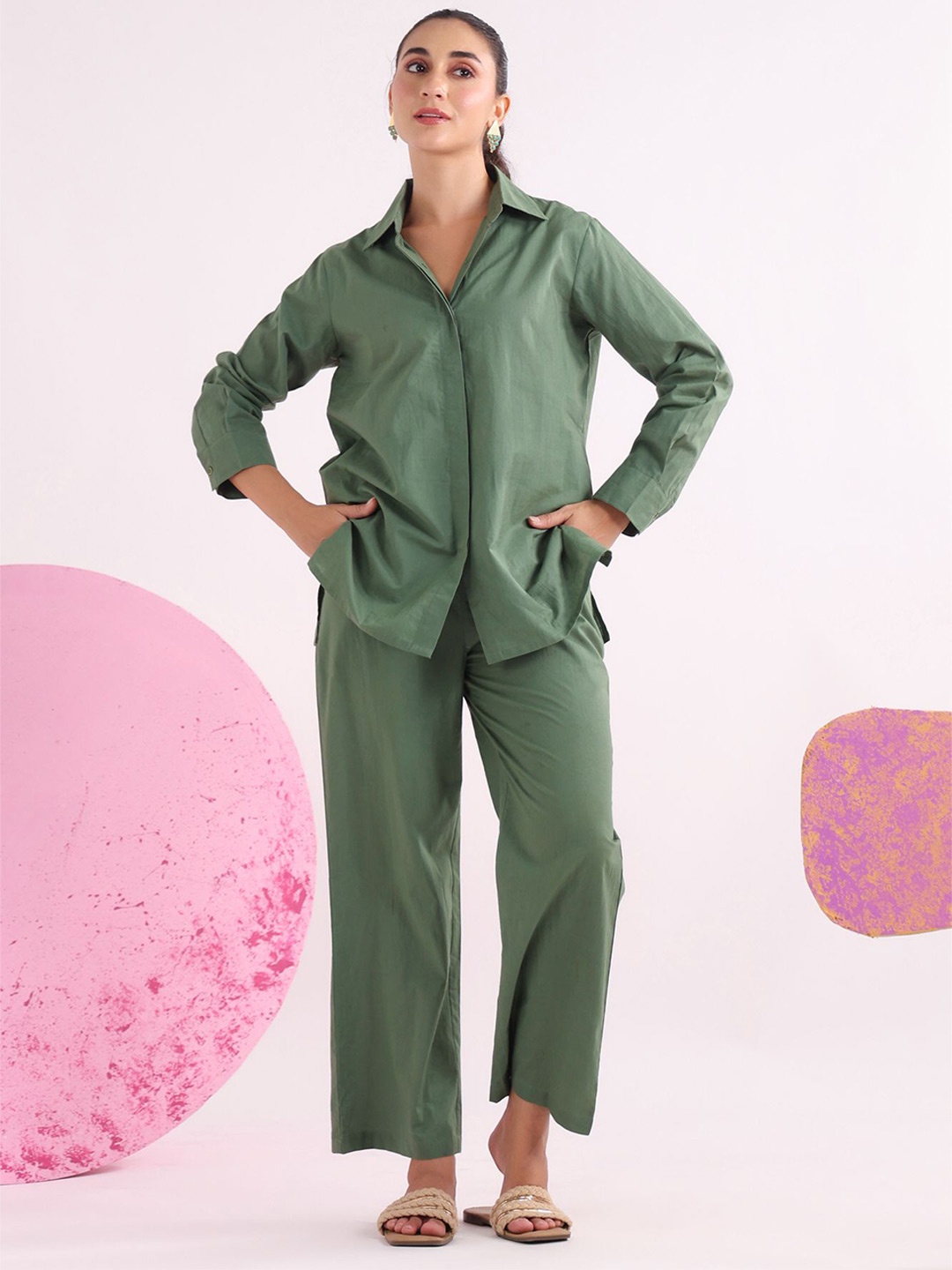 

JISORA Pure Cotton Shirt With Palazzo, Olive