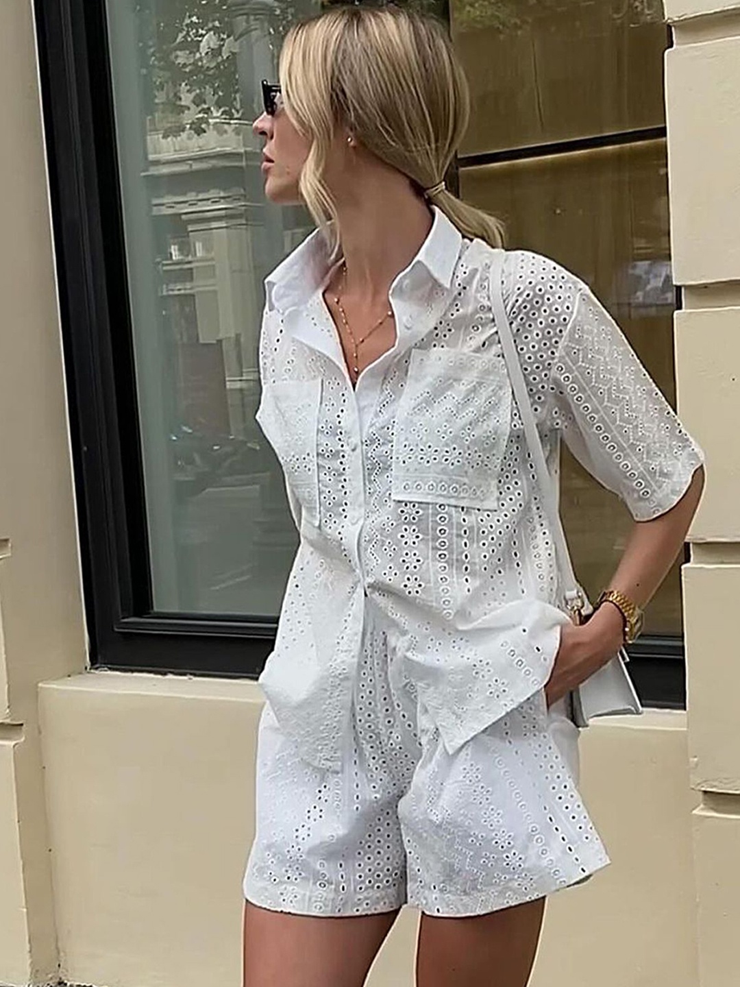

LULU & SKY Broderie Anglaise Self Design Shirt With Shorts, White